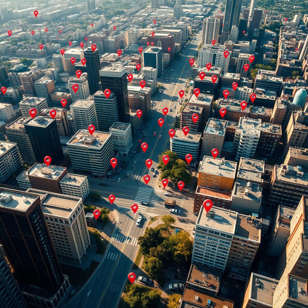 Vista aérea em preto e branco de uma cidade com pins de localização representando descoberta de leads